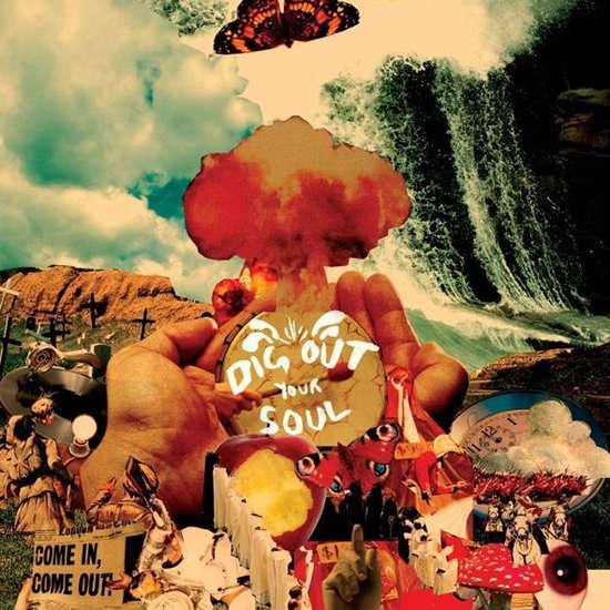 Cover artwork voor Oasis' album 'Dig Out Your Soul'. Met een explosie, handen die een schijf vasthouden, een vlinder, en diverse andere symbolische beelden.