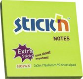 Stick'n sticky notes - 76x76mm, extra sticky, neon groen, 90 memoblaadjes