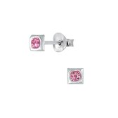 Joy|S - Zilveren vierkant oorbellen 4 x 4 mm roze kristal