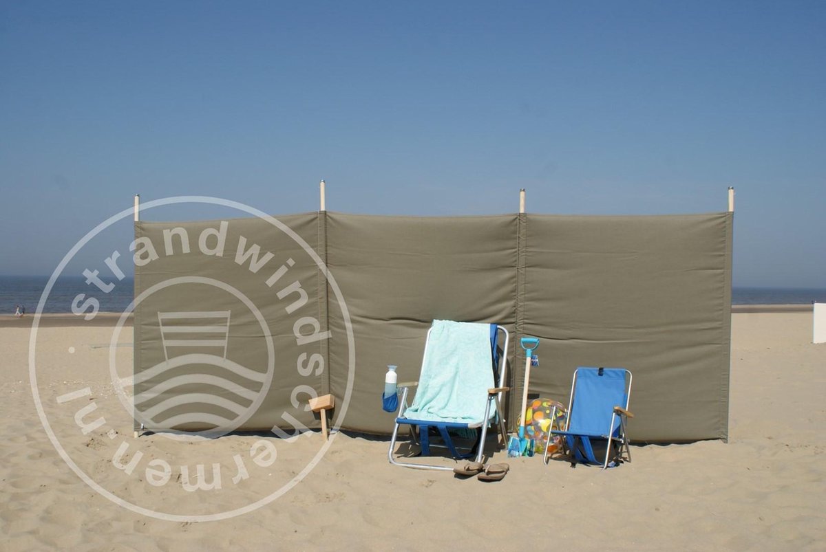 Strand Windscherm 4 meter dralon Effen Taupe met houten stokken