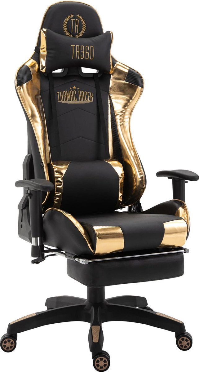 Luxe Comfort Bureaustoel Gamestoel Hoofdkussen Voetensteun Verstelbaar Kunstleer Goud zwart 67x51x132 cm