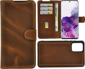 Samsung Galaxy S20 Ultra hoesje - Bookcase - Portemonnee Hoes 2in1 Uitneembaar Echt leer Wallet case Cognac Bruin
