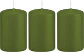 3x Olijfgroene cilinderkaarsen/stompkaarsen 5 x 8 cm 18 branduren - Geurloze kaarsen olijf groen - Woondecoraties