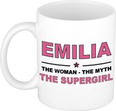 Naam cadeau Emilia - The woman, The myth the supergirl koffie mok / beker 300 ml - naam/namen mokken - Cadeau voor o.a verjaardag/ moederdag/ pensioen/ geslaagd/ bedankt