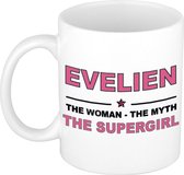 Naam cadeau Evelien - The woman, The myth the supergirl koffie mok / beker 300 ml - naam/namen mokken - Cadeau voor o.a verjaardag/ moederdag/ pensioen/ geslaagd/ bedankt