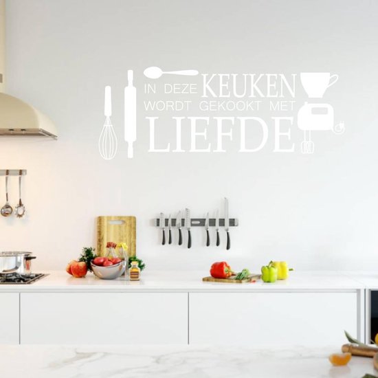 Muursticker In Deze Keuken Wordt Gekookt Met Liefde - Wit - 80 x 30 cm - keuken alle