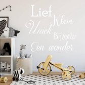 Muursticker Lief, Klein, Uniek, Bijzonder, Een Wonder - Wit - 40 x 37 cm - nederlandse teksten baby en kinderkamer