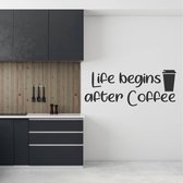 Muursticker Life Begins After Coffee - Geel - 120 x 47 cm - engelse teksten keuken bedrijven
