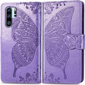 Butterfly Love Flowers Embossing Horizontale Flip Leather Case voor Huawei P30 Pro, met houder & kaartsleuven & portemonnee & lanyard (lichtpaars)