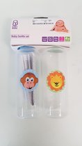 Babyfles blauw en groen, aap en leeuw