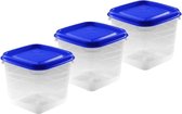 3x Voorraad/vershoudbakjes 0,3 liter transparant/blauw plastic/kunststof - 9 x 9 x 7.5 cm - Palermo - Vershouddoos bakje - Mealprep - Maaltijden bewaren