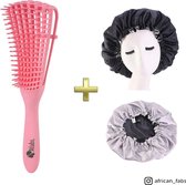 Roze Anti-klit Haarborstel + Zwarte satijnen slaapmuts | Detangler brush | Detangling brush | Satin cap / Hair bonnet / Satijnen nachtmuts / Satin bonnet | Kam voor Krullen | Kroes haar borstel