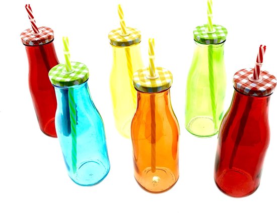 6 x bouteille de lait en verre coloré 450 ml avec couvercle et paille -  Mason Jars | bol.com