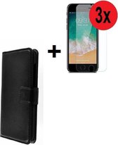 Geschikt voor iPhone SE (2020) hoes wallet bookcase hoesje Cover P zwart + 3x Tempered Gehard Glas / Glazen screenprotector (3 stuks) Pearlycase