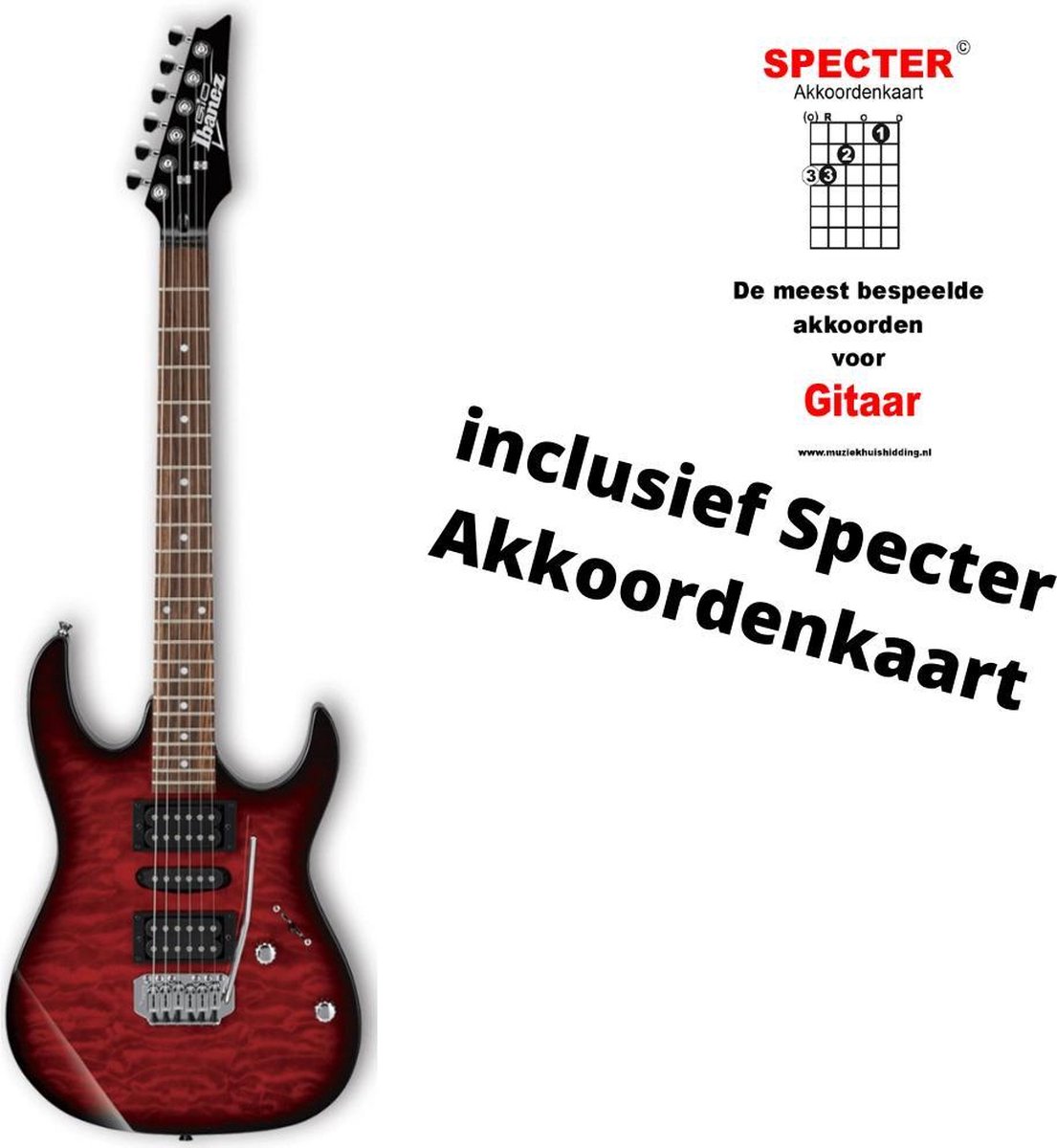 Ibanez Elektrische Gitaar Gio GRX70QA-TRB Transparent Red Burst met handige akkoordenkaart