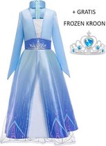 Frozen Elsa jurk met sleep Maat: 134/140 (140) 9-10 jaar + kroon - staf - Elsa vlecht - handschoenen Prinsessenjurk kind Verkleedjurk meisje