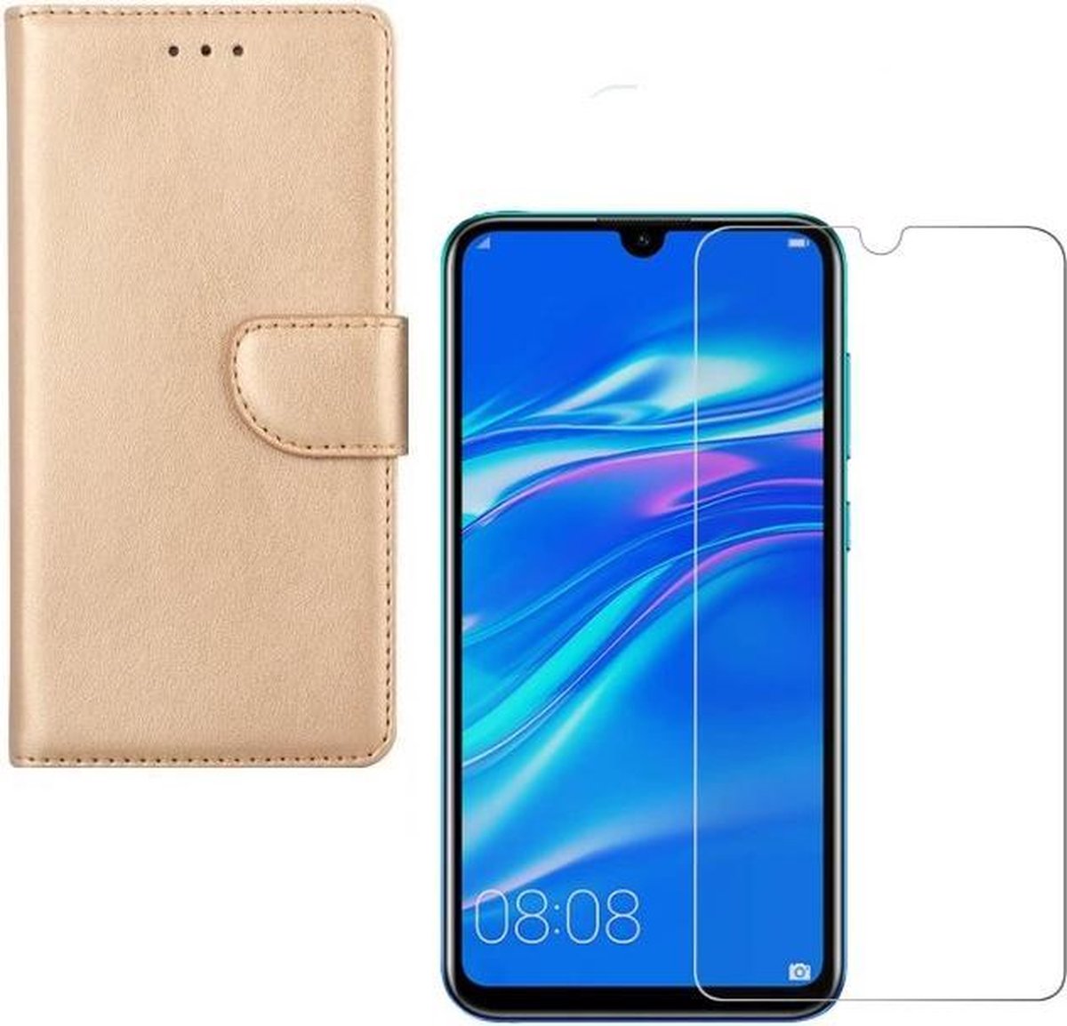 hoesje Geschikt voor: Huawei Y5 (2019) Portemonnee Goud met 2 stuks Glas Screen protector