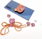 Kabel beschermer - Cable protector Popsocket telefoonbutton/ Telefoonhouder 8 delig voor smartphone oplader/charger  Brown Bear