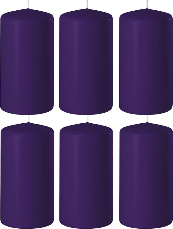 6x Paarse cilinderkaarsen/stompkaarsen 6 x 12 cm 45 branduren - Geurloze kaarsen paars - Woondecoraties