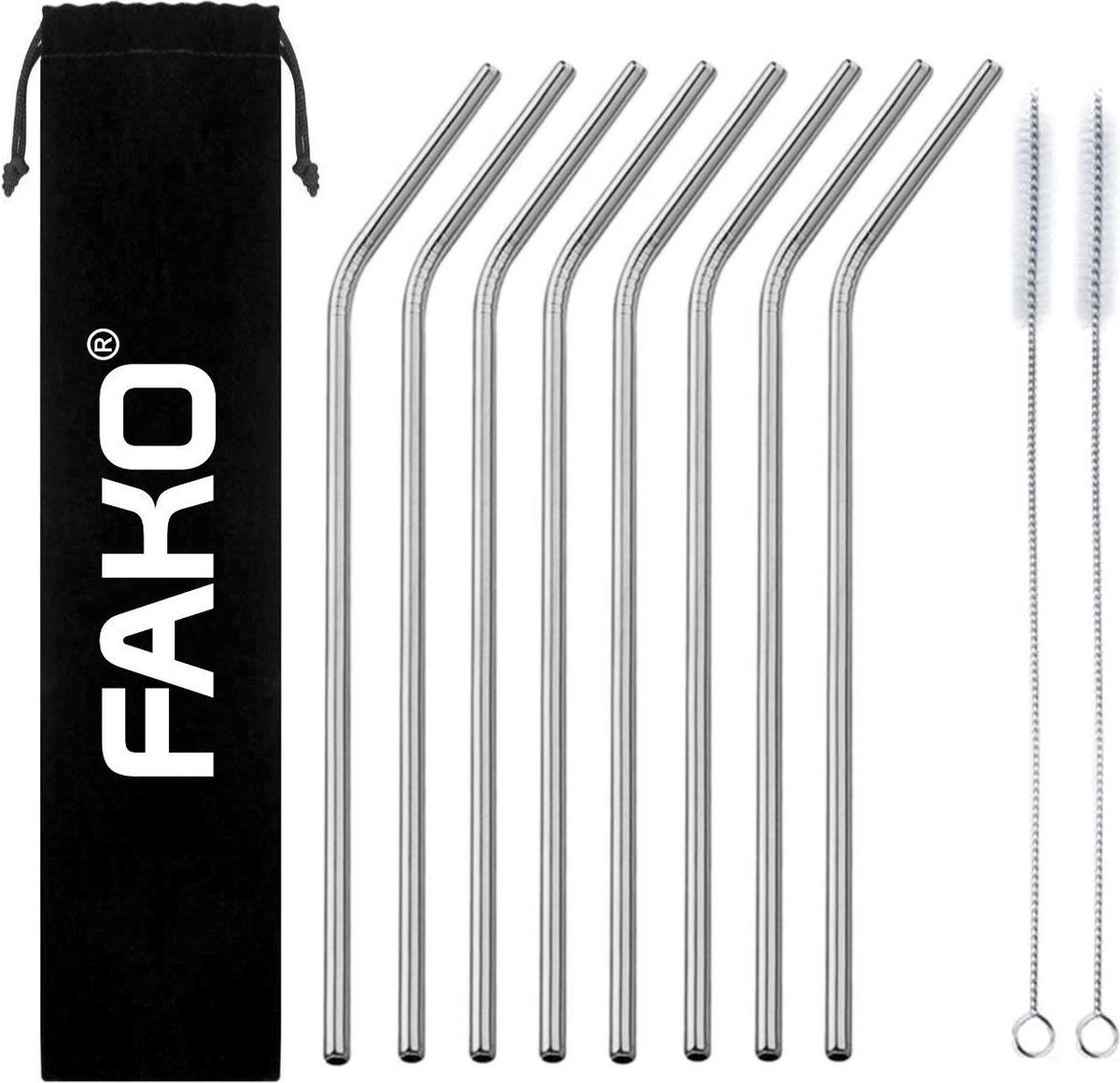 Fako Bijoux - RVS Rietjes - 8 Stuks - Gebogen - Herbruikbaar - 21 cm - 2 Schoonmaakborsteltjes - Zilver