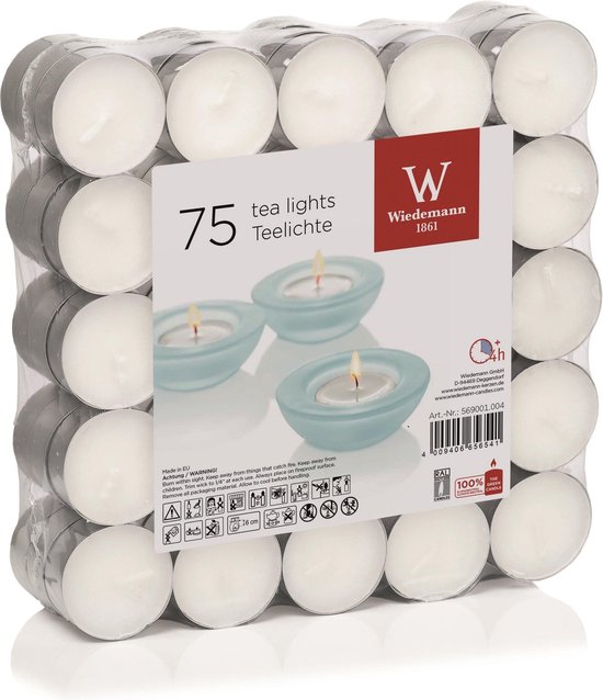75x Witte theelichtjes/waxinelichtjes 4 branduren - Geurloze kaarsen