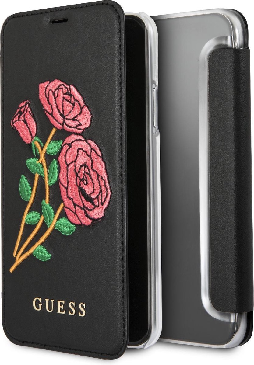 Guess Geborduurde Rozen Lederen Booktype Case voor iPhone X / XS