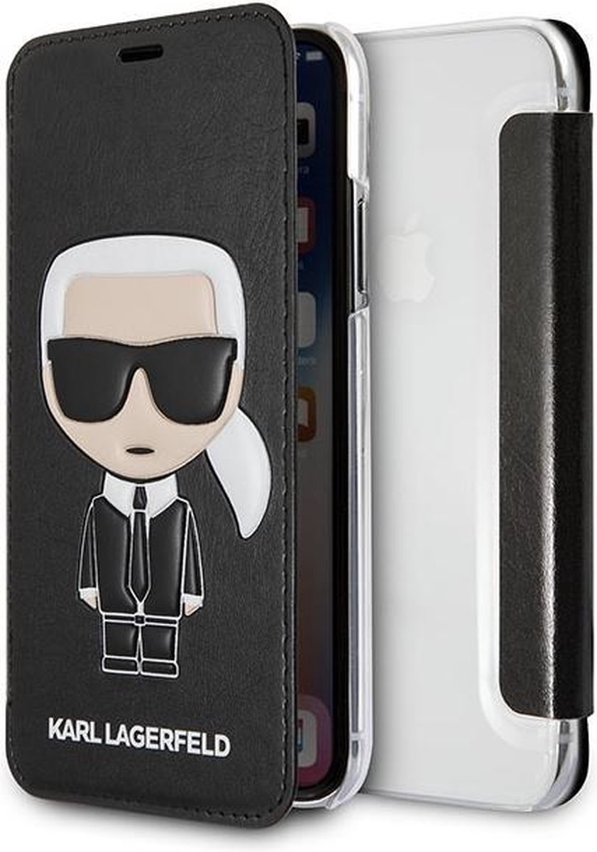 Karl Lagerfeld Zwart hoesje iPhone X-Xs - Book Case - Cool Karl - Achterkant Transparant
