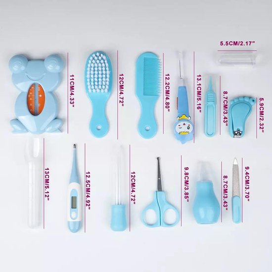 BenjaGoods Baby verzorgingsset - 13 in 1  - Baby Geschenkset - Babyshower - Manicureset - reistasje - Kraamcadeau jongen - Baby - Blauw - BenjaGoods