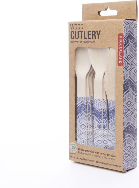 Couverts en bois Kikkerland - Lot de 30 - Avec couteaux, cuillères et fourchettes - Respectueux de l'environnement