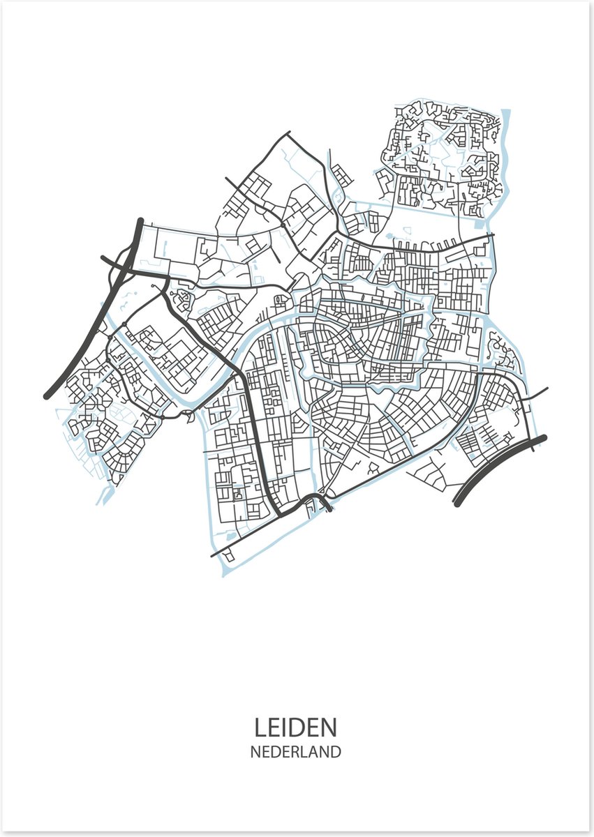 De Lange Koe Poster - Leiden Plattegrond - 42 X 29.7 Cm - Wit