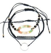 Set Armbanden - Ovale Hanger Multicolor - Setje van 3 Stuks - Lengte Verstelbaar - Zwart