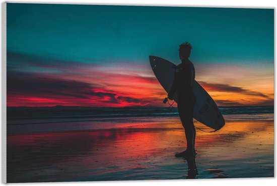 Acrylglas  –Surfer op Strand Zonsondergang-120x80 (Met ophangsysteem)