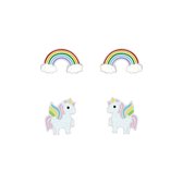 Joy|S - Zilveren oorbellen set 2 paar | Regenboog | Eenhoorn / unicorn