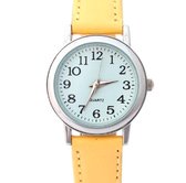Horloge- Basic- Geel- Leer- 3 cm- Smalle Pols-Ster-Charme Bijoux