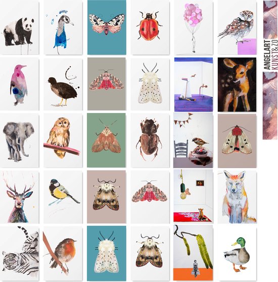 Angelart Kaarten - Wenskaarten set met dieren, insecten en collage - 30 stuks- Blanco- Ansichtkaarten. De originele illustraties zijn handgemaakt door Angela