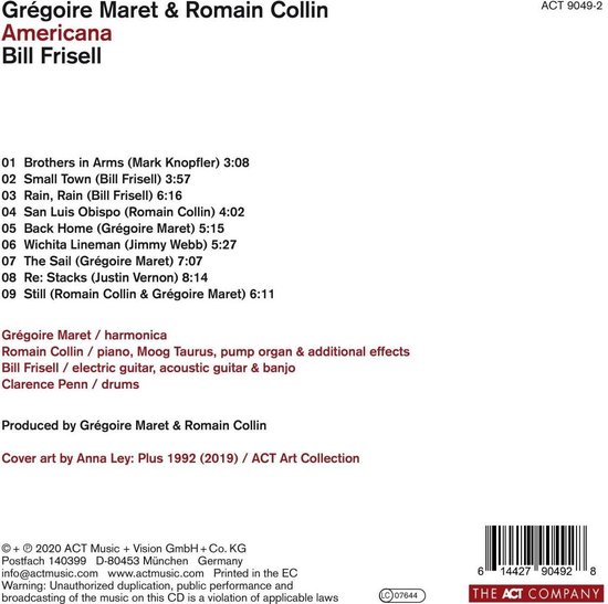 Albumhoes met tekst "Grégoire Maret & Romain Collin Americana Bill Frisell", tracklist en credits.