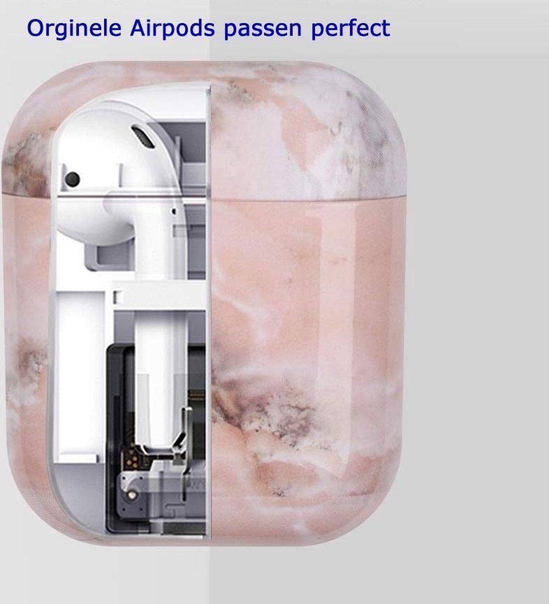 AirPods 2 Hoesje Marmer Roze - Stevig Schokbestendig Case Bescherming AirPods 1 Draadloos Opladen - Afbeelding 4