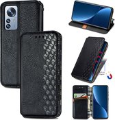 Luxe PU Lederen Ruitpatroon Wallet Case + PMMA Screenprotector voor Xiaomi 12 Pro _ Zwart