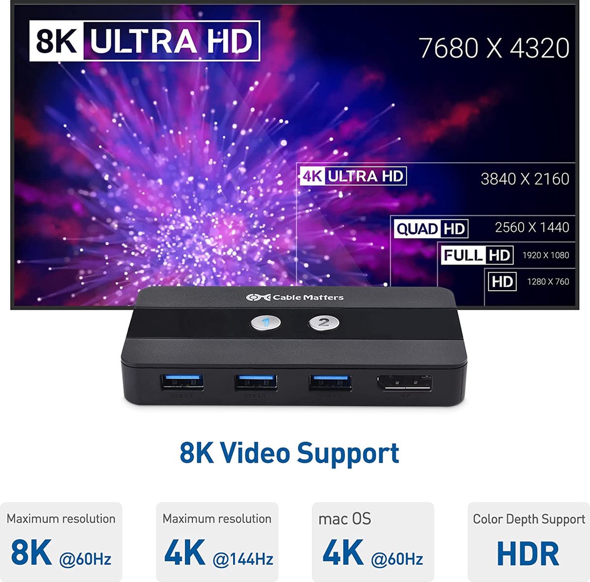 Cable Matters KVM109 Switch 2 naar 1 Displayport 1.4 8K60Hz
