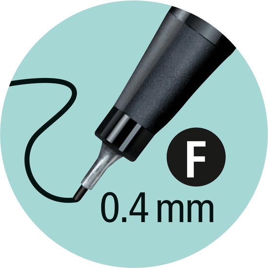 Zwarte fineliner met een F-punt van 0,4 mm op een lichtblauwe achtergrond.