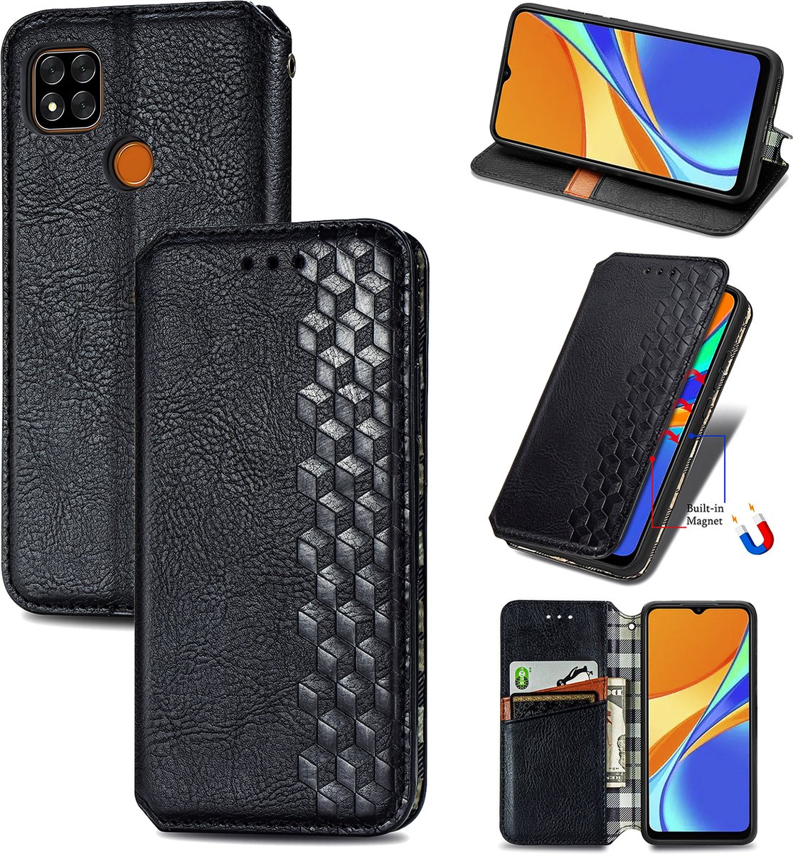 Luxe PU Lederen Ruitpatroon Wallet Case + PMMA Screenprotector voor Xiaomi Redmi 9C _ Zwart