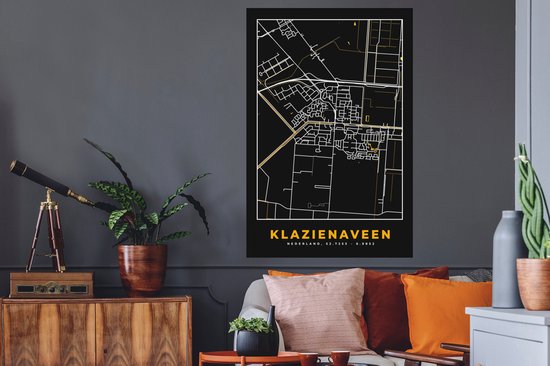 Stickers muraux - Klazienaveen - Carte - Black and Gold et Or - Plan de la ville - Carte - 80x120 cm - Feuille adhésive
