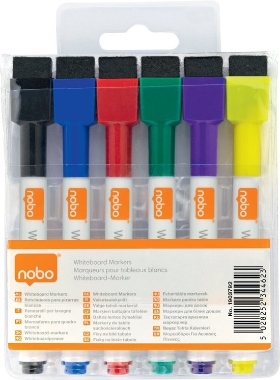 Nobo Geurarme Mini Whiteboard Markers met Wisser - 6 Stuks Assorti kleur - Fijne Punt van 2 Millimeter - Nobo