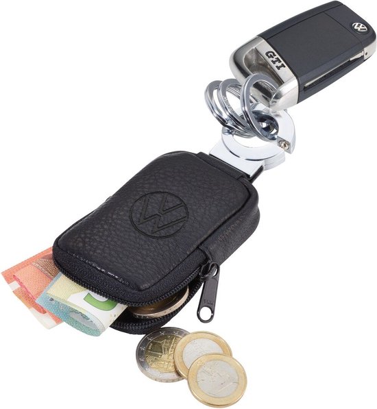 Zwart leren sleutelhangerzakje met VW logo, met geld en munten. GTI autosleutel met sleutelring.
