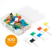 Punaises voor prikbord memobord of wereldkaart - set van 100 pushpins - vlaggetjes in 7 kleuren