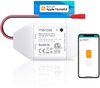 Meross garage deuropener met rode en zwarte kabels, een smartphone toont de garage deuropening.