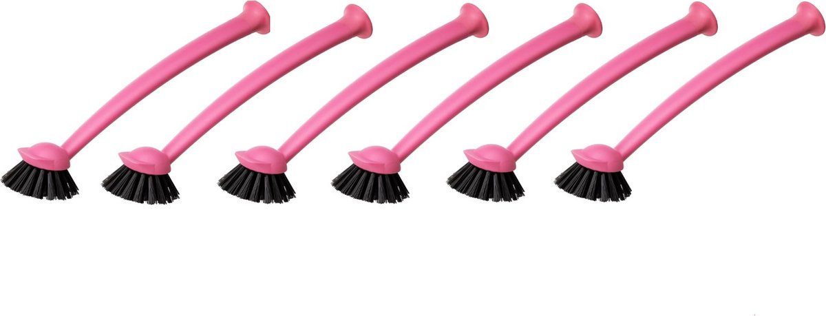 6x Afwasborstel, reinigingsborstels, roze servies, rubberen handgreep, kunststof, keukenborstel badkamer ikea