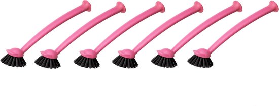 Zes roze afwasborstels met zwarte borstelharen en gebogen handgrepen.