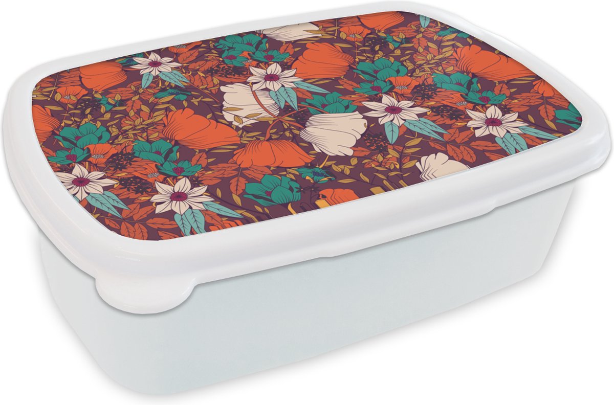 Broodtrommel Wit - Lunchbox - Brooddoos - Bloemen - Herfst - Patroon - 18x12x6 cm - Volwassenen
