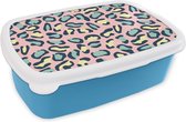 Broodtrommel Blauw - Lunchbox - Brooddoos - Luipaard - Pastel - Dieren - Patronen - 18x12x6 cm - Kinderen - Jongen